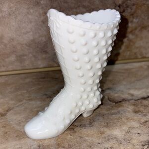 Vintage  Fenton White Milk Glass Hobnail Victorian Laced Shoe Boot  VASE 4" Tall